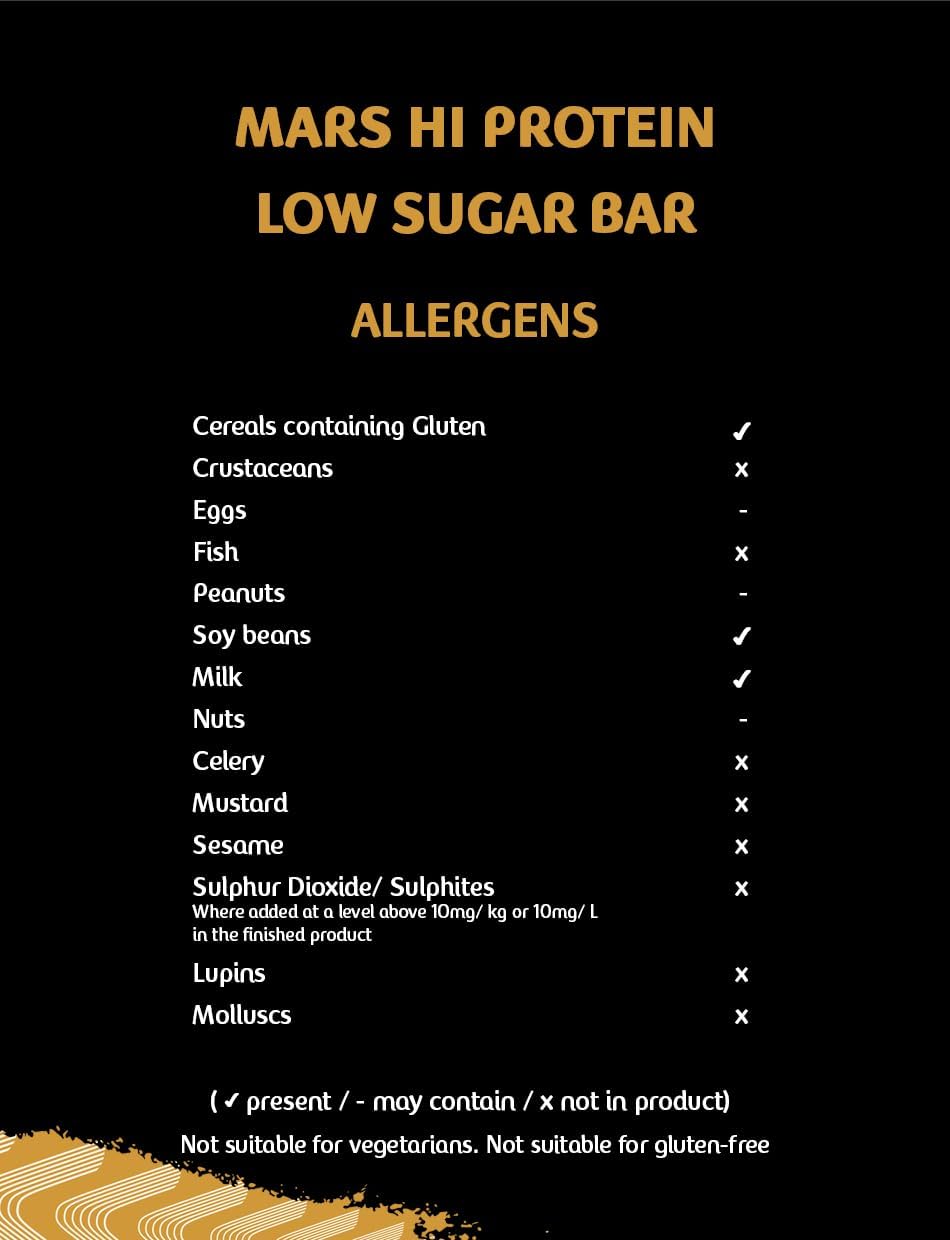 Allergen info for Mars Hi Protein Low Sugar Bar with low sugar bar and Mars flavor