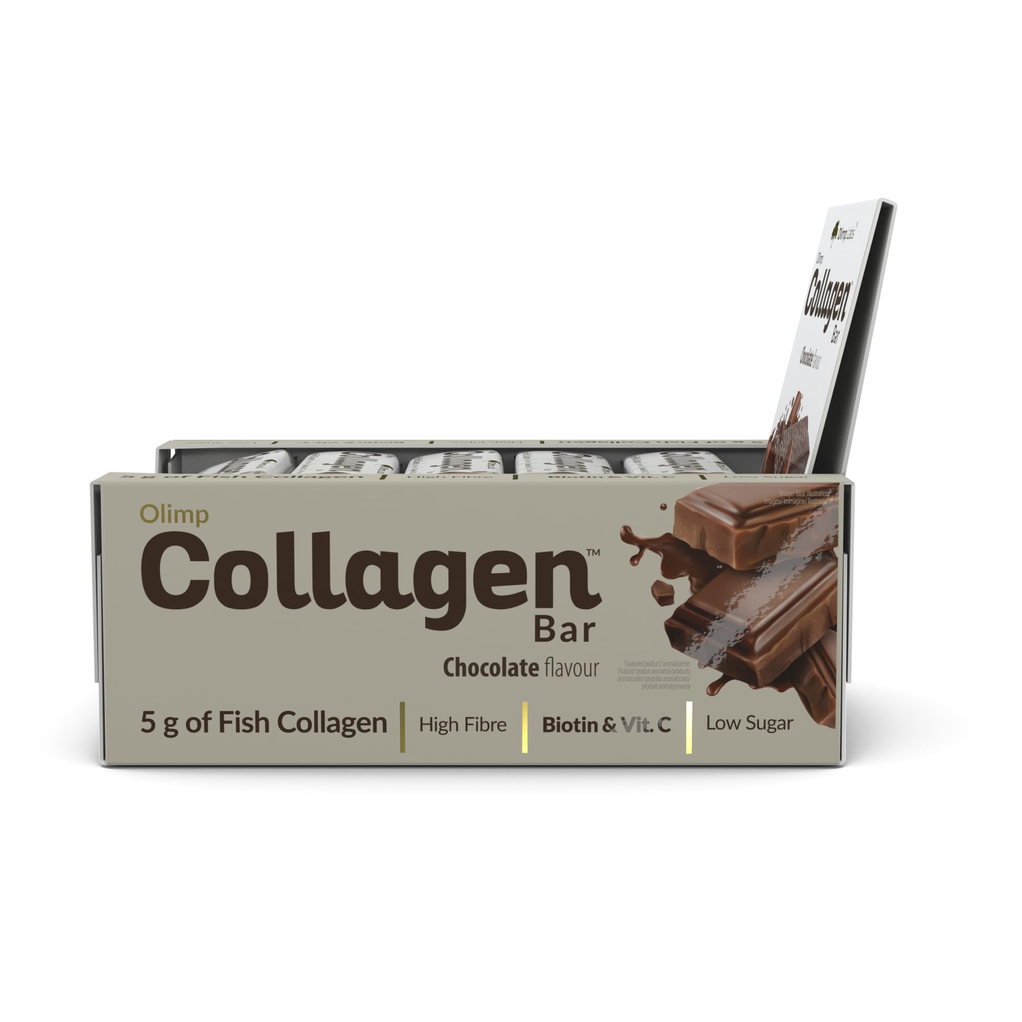 Display of Olimp Sport Nutrition Collagen Bars with fish collagen, high fiber, biotin, and vitamin C