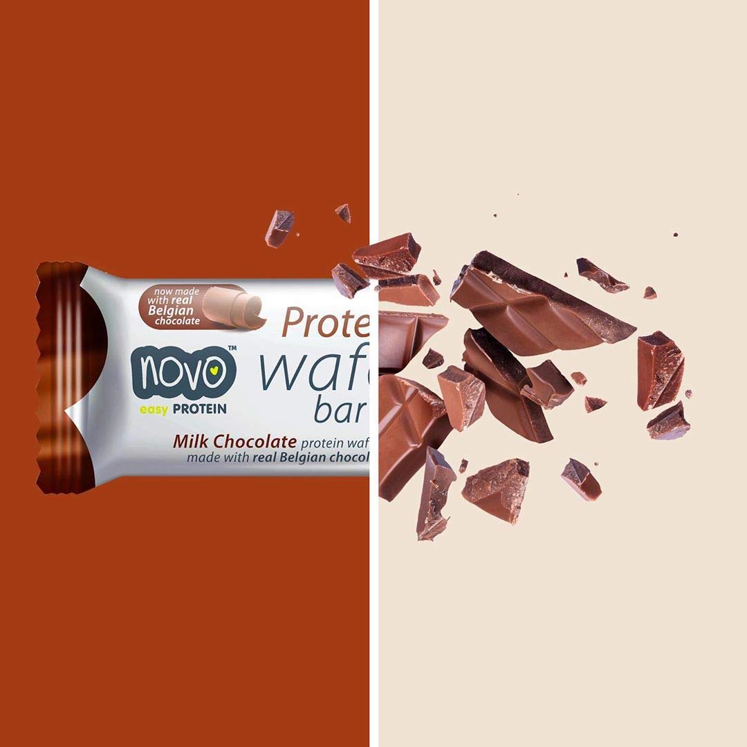 Novo Protein Wafer Bar with milk chocolate made with real Belgian chocolate nutrition novo protein
