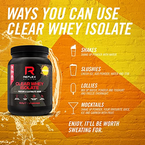 Black plastic tub of Reflex Nutrition Clear Whey Isolate protein powder for high quality clear whey