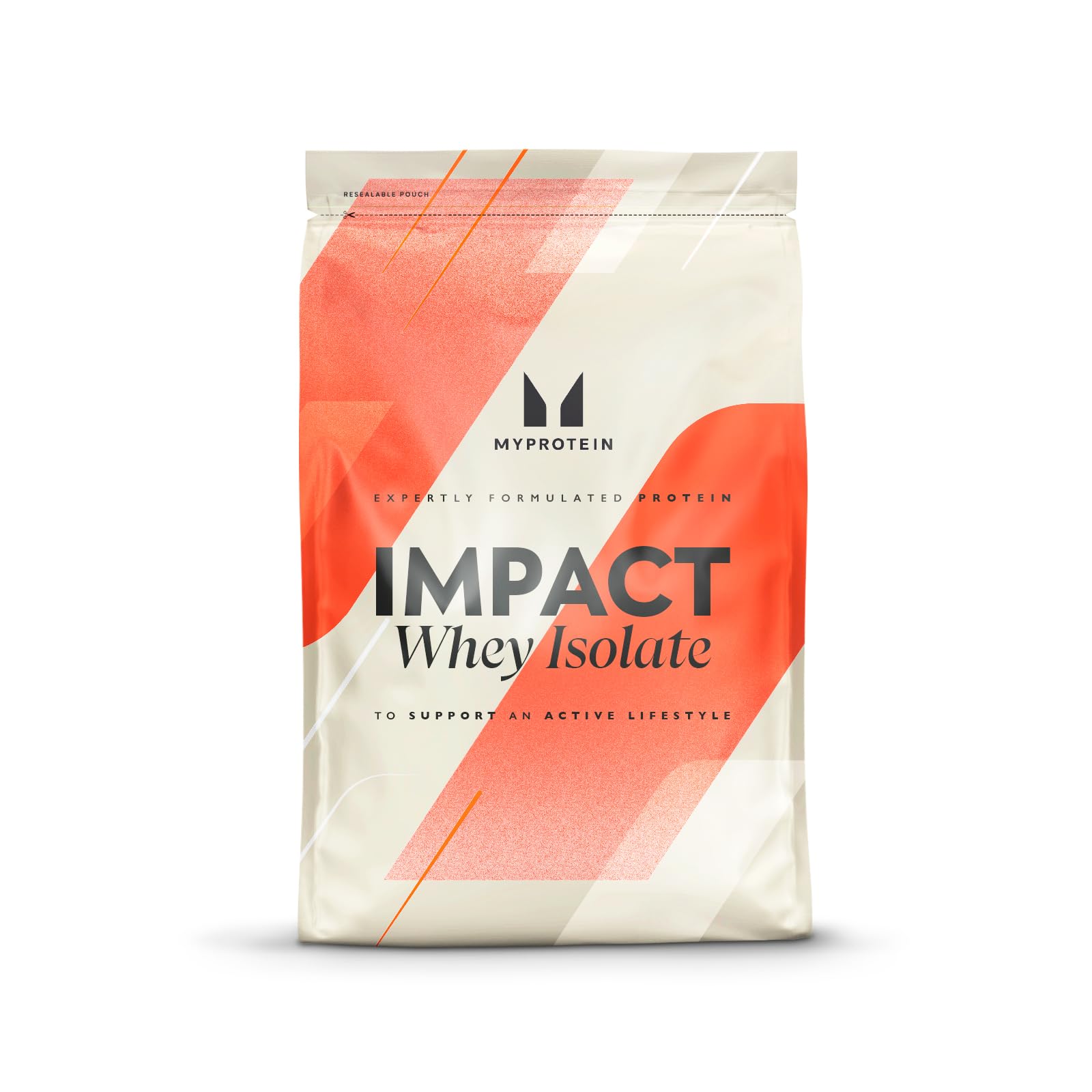 White and orange pouch of MyProtein Impact Whey Isolate protein powder, zero fat impact
