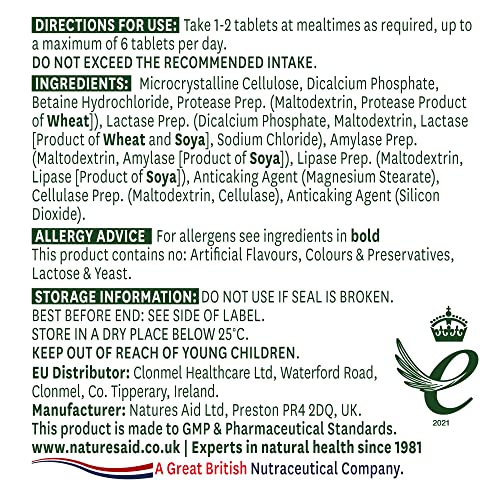 Natures Aid Digestive Enzyme Complex (with Betaine HCI) - 60 Tabs - Digestion Support Capsules