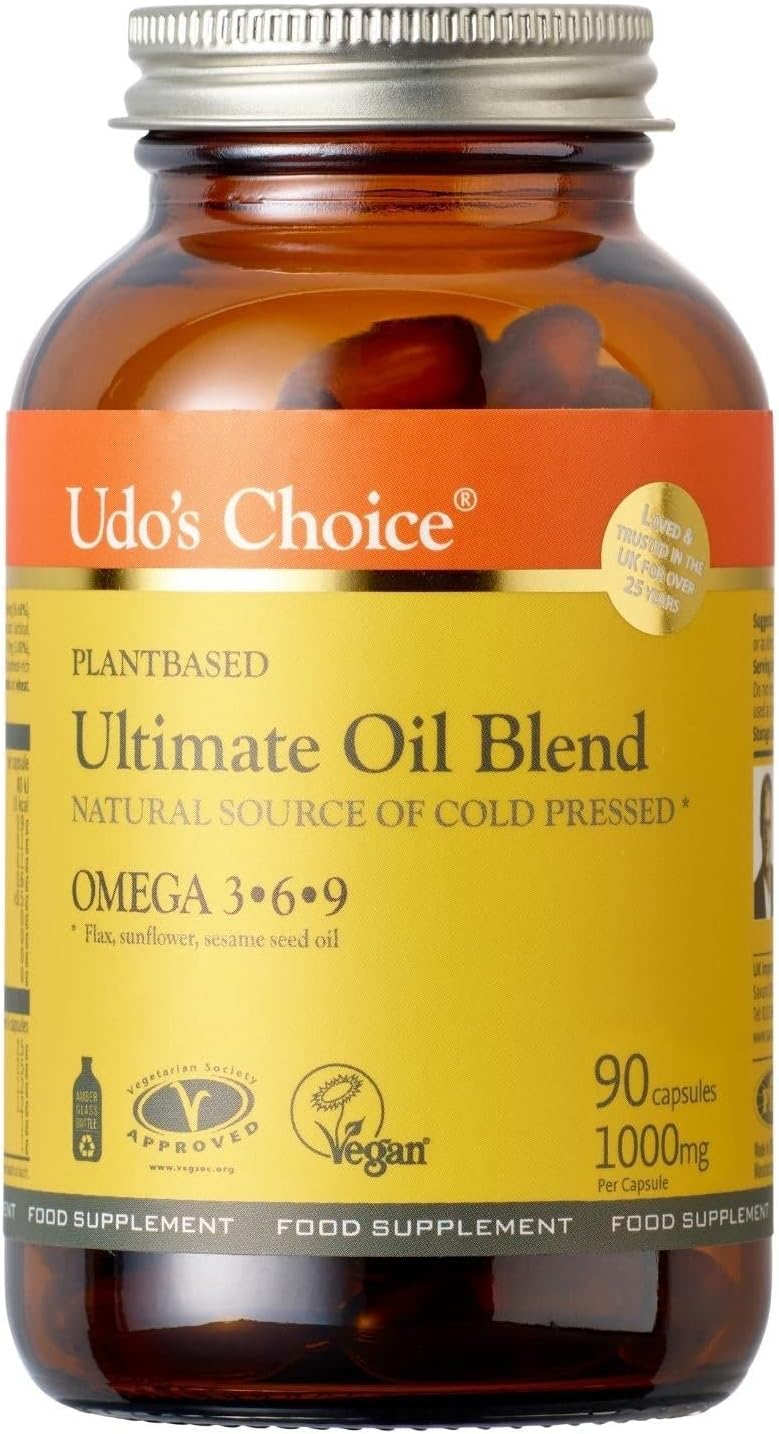 Udo’s Choice Ultimate Oil Blend Caps with omega 3-6-9 softgels for healthy fats