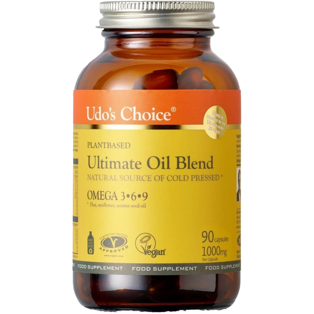 Udo’s Choice Ultimate Oil Blend Caps bottle with 90 plant-based omega capsules for health