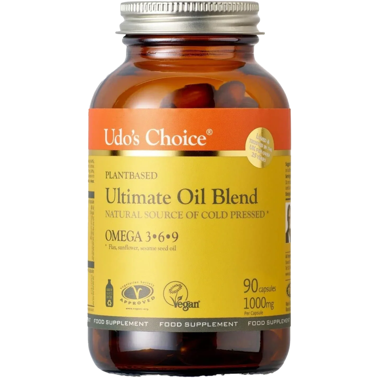 Udo’s Choice Ultimate Oil Blend Caps bottle with 90 plant-based omega capsules for health