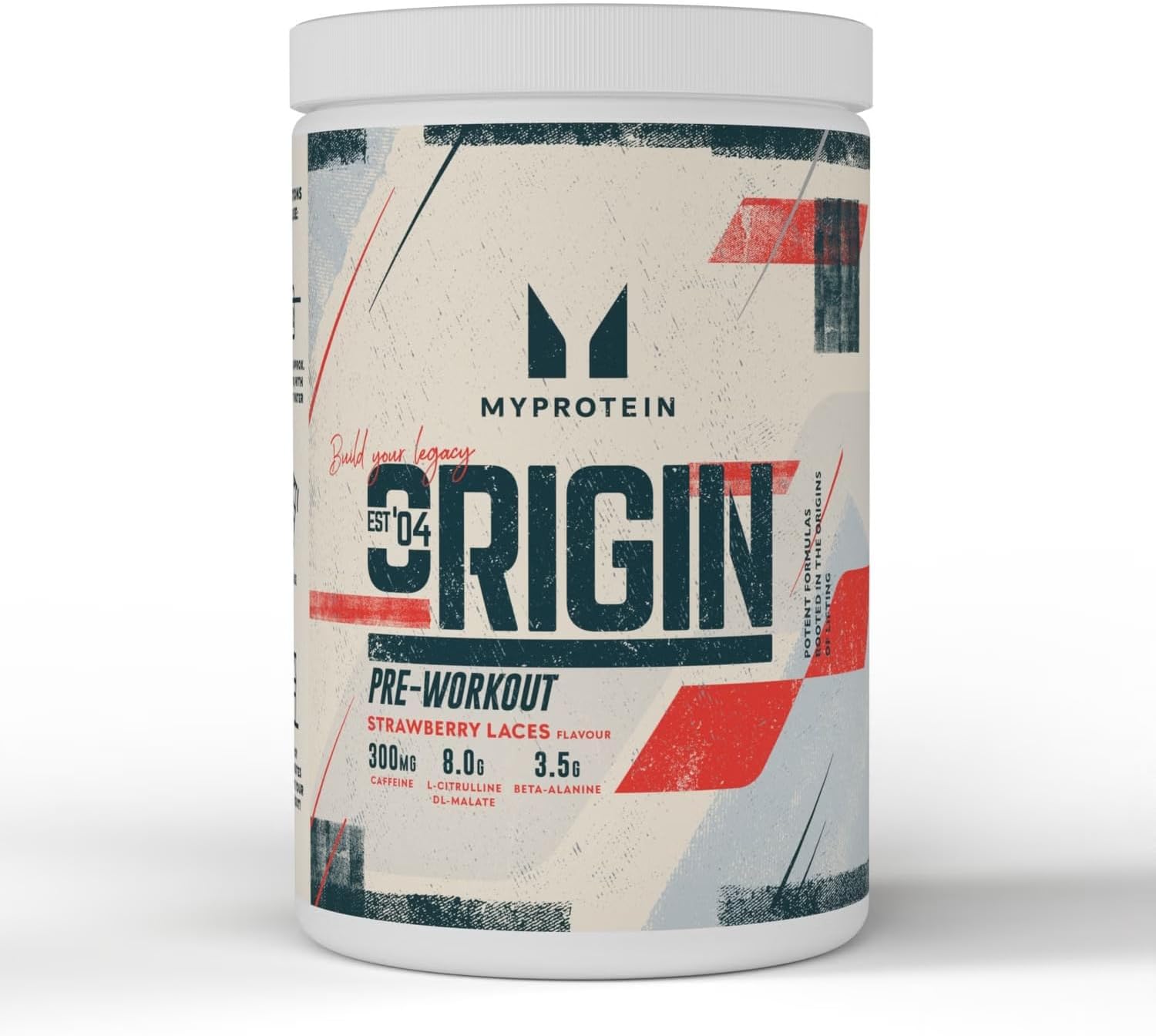 MyProtein Origin Pre-Workout supplement in Strawberry Laces flavor with citrulline malate and beta alanine