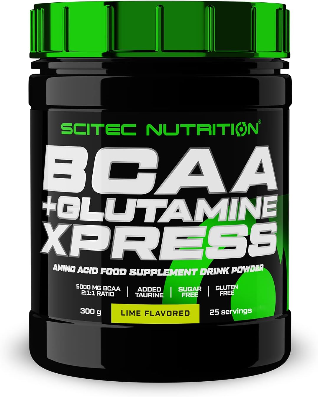 Black tub of Scitec Nutrition BCAA Glutamine Xpress with green lid, amino acids boost