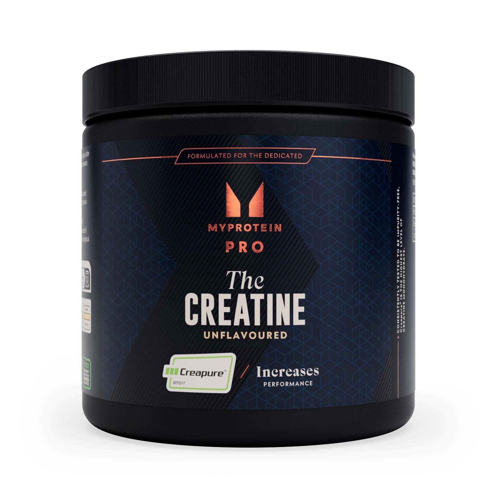 Black plastic tub of MyProtein Creatine Creapure micronized creatine for power output
