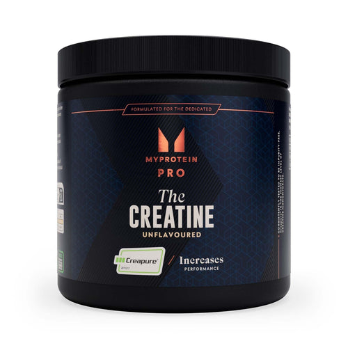 Black plastic tub of MyProtein Creatine Creapure micronized creatine for power output