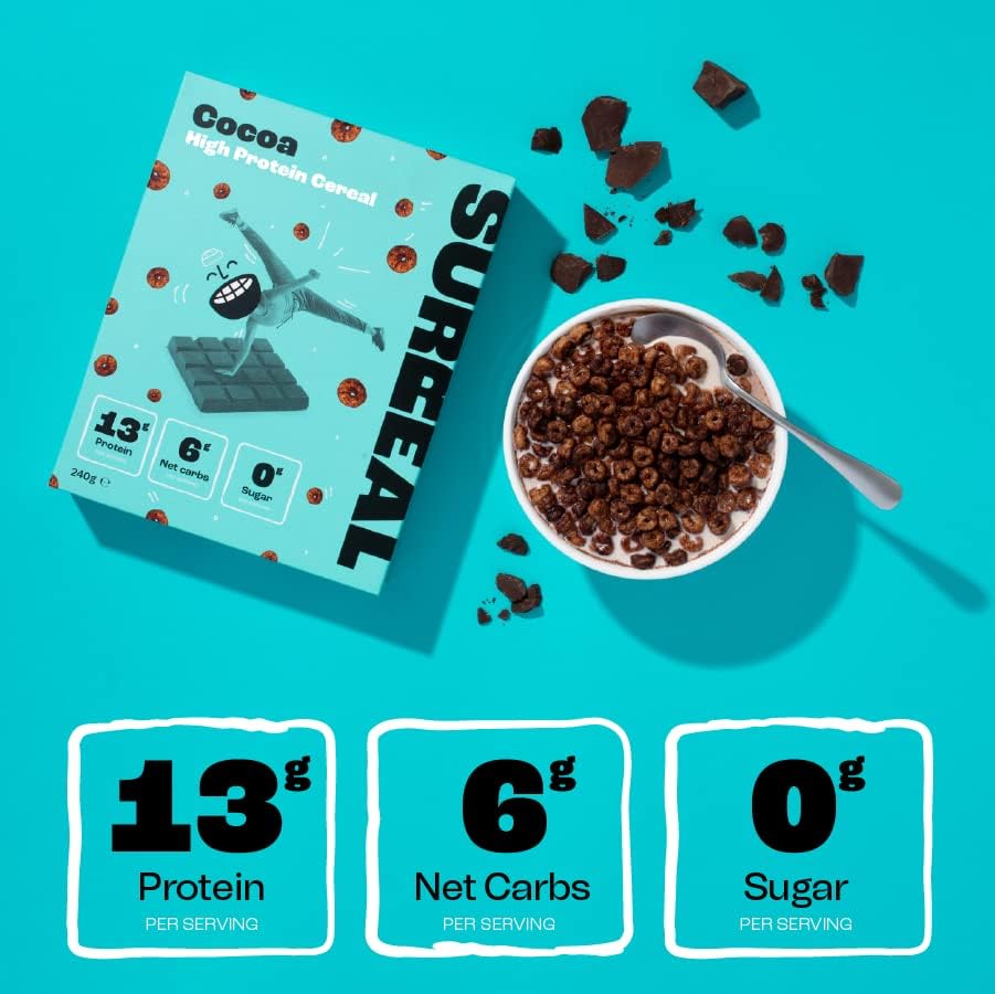 Cocoa-flavored Surreal Protein Cereal with 6g net carbs and 0g sugar per serving