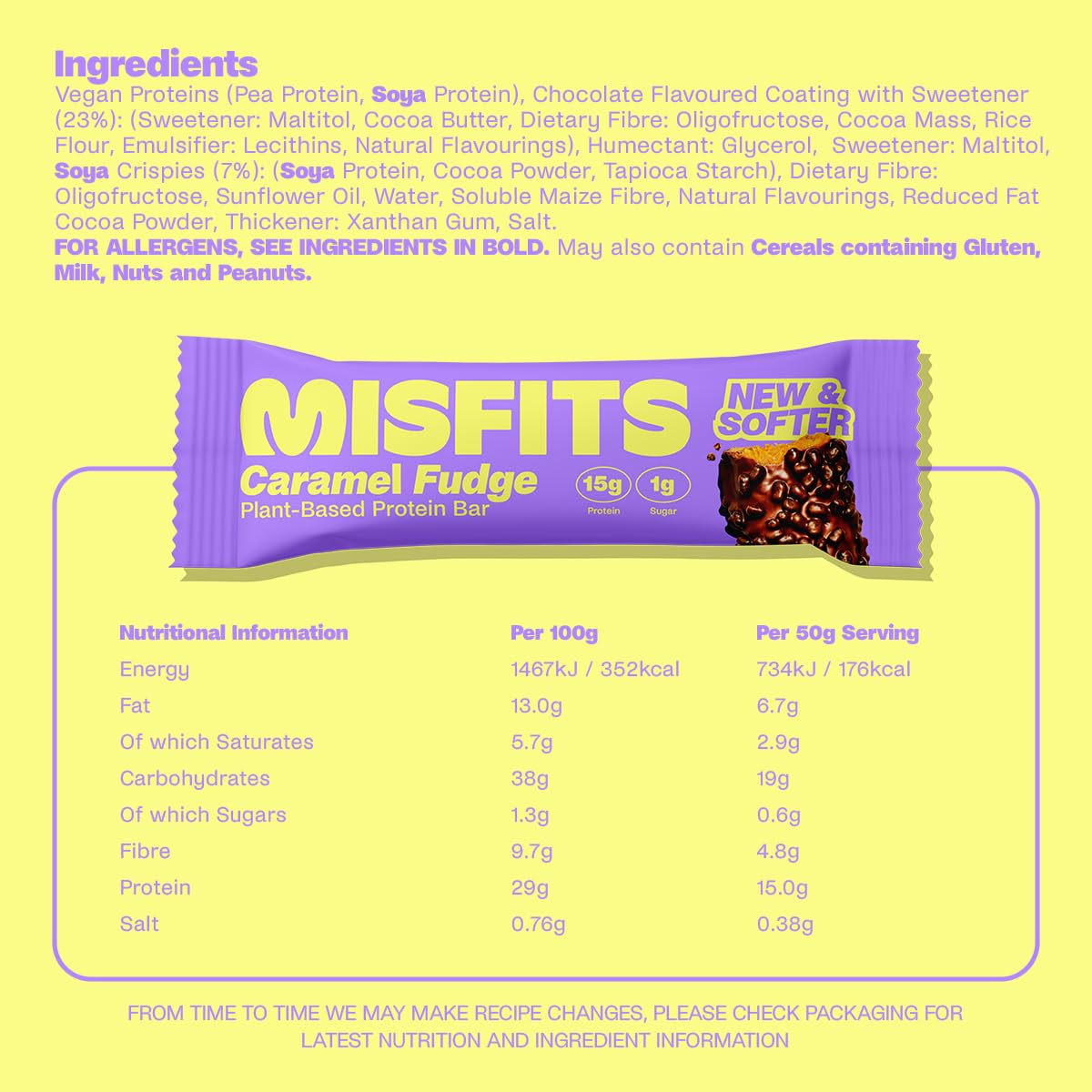 Caramel fudge Misfits Plant-Based Protein Bar with nutritional info, tasty and healthy