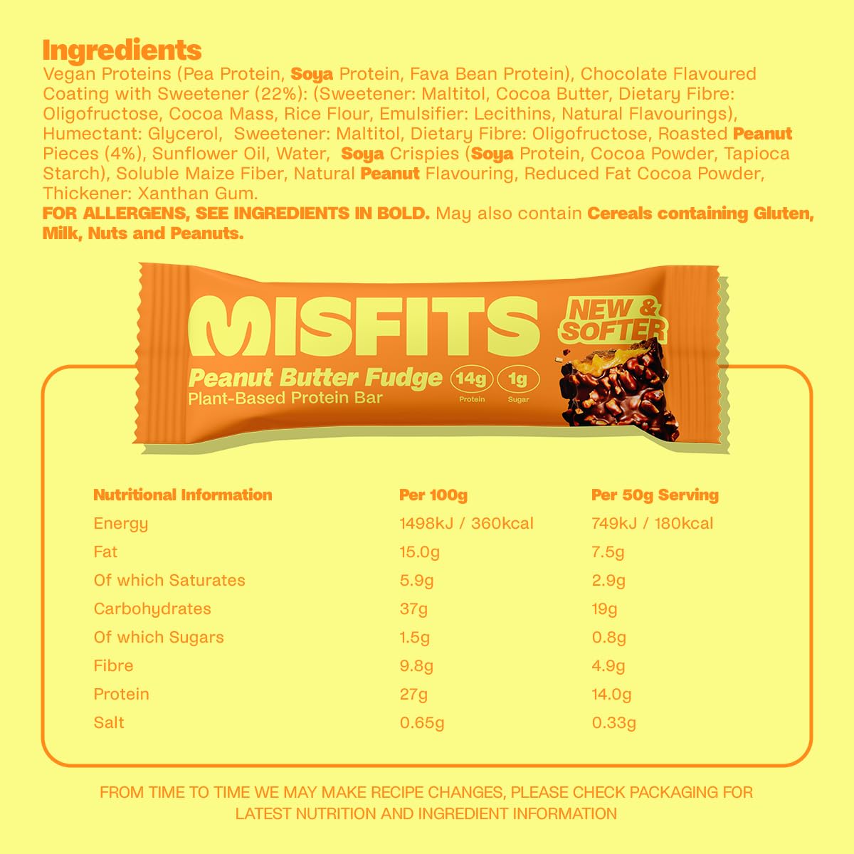 Misfits Plant-Based Protein Bar with peanut butter fudge flavor, perfect for snacks