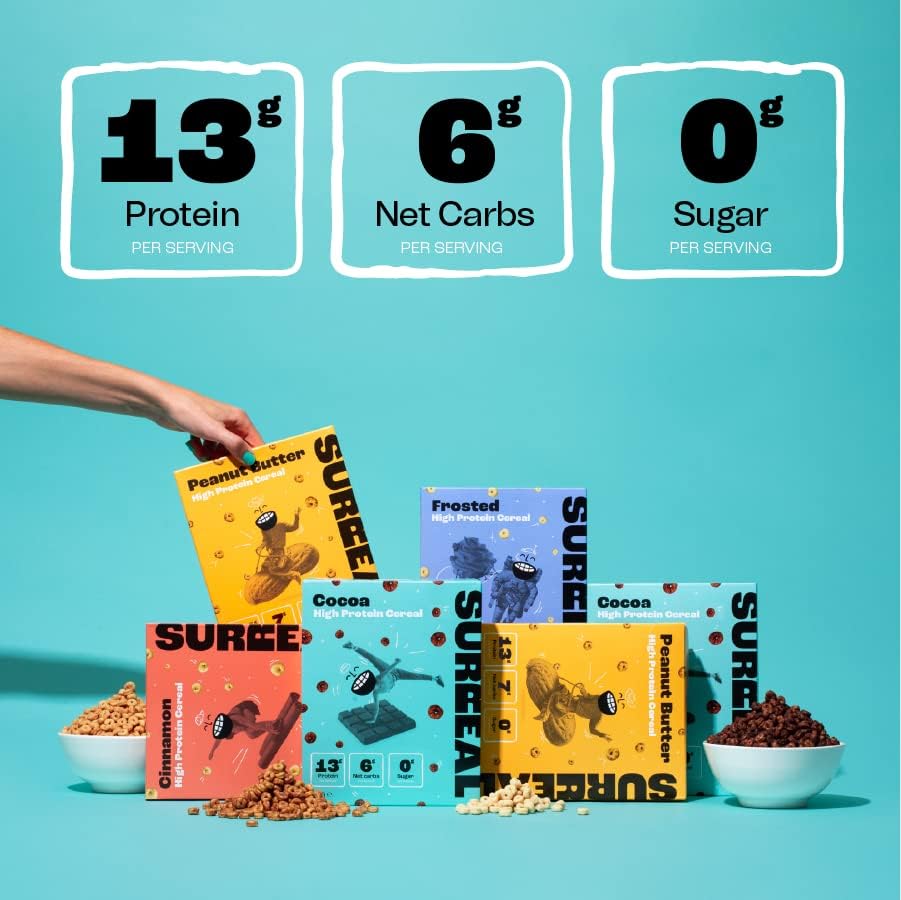 SURREAL Protein Cereal boxes showcasing high-protein, low-sugar, low-carb cereal options