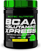 Black and green container of Scitec Nutrition BCAA + Glutamine Xpress amino acids supplement