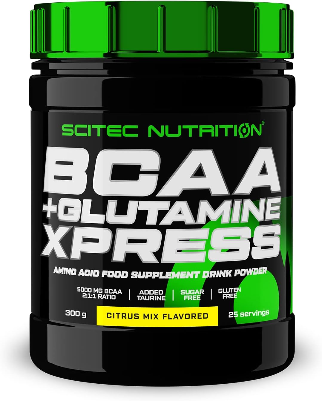 Black and green container of Scitec Nutrition BCAA + Glutamine Xpress amino acids supplement