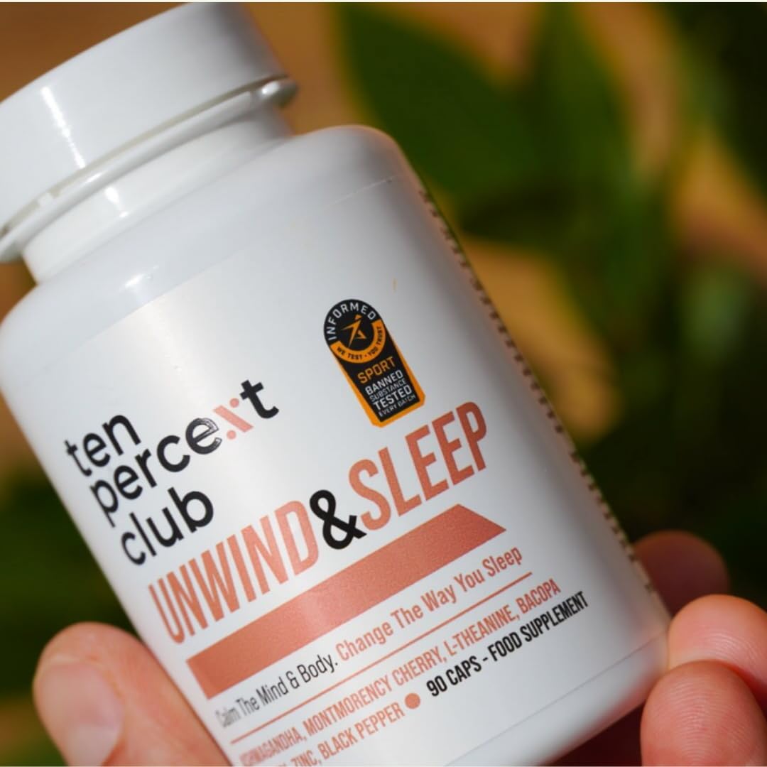 White bottle of The Ten Percent Club Unwind and Sleep with powerful nootropic blend for restorative sleep