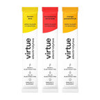 Three packets of virtue electrolytes in lemon lime, strawberry lemonade, and mango passionfruit flavors on a white background.