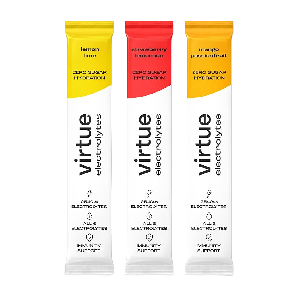 Three packets of virtue electrolytes in lemon lime, strawberry lemonade, and mango passionfruit flavors on a white background.