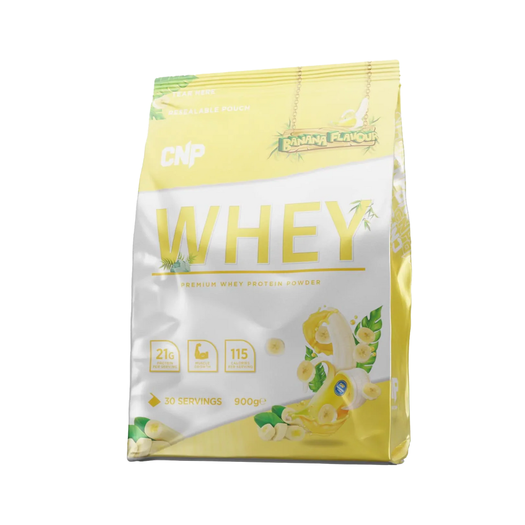 Banana flavored CNP Whey protein powder in a stand-up pouch for muscle gains