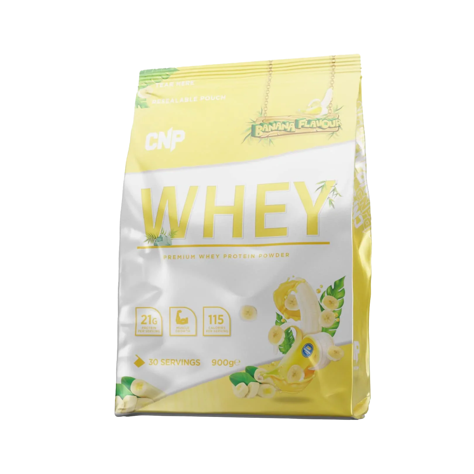 Banana flavored CNP Whey protein powder in a stand-up pouch for muscle gains