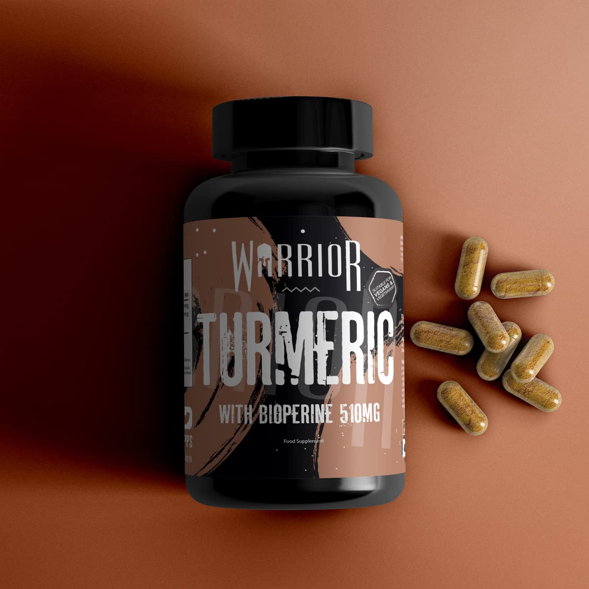 Black Warrior Core Turmeric bottle with organic 500mg turmeric and 10mg Bioperine capsules