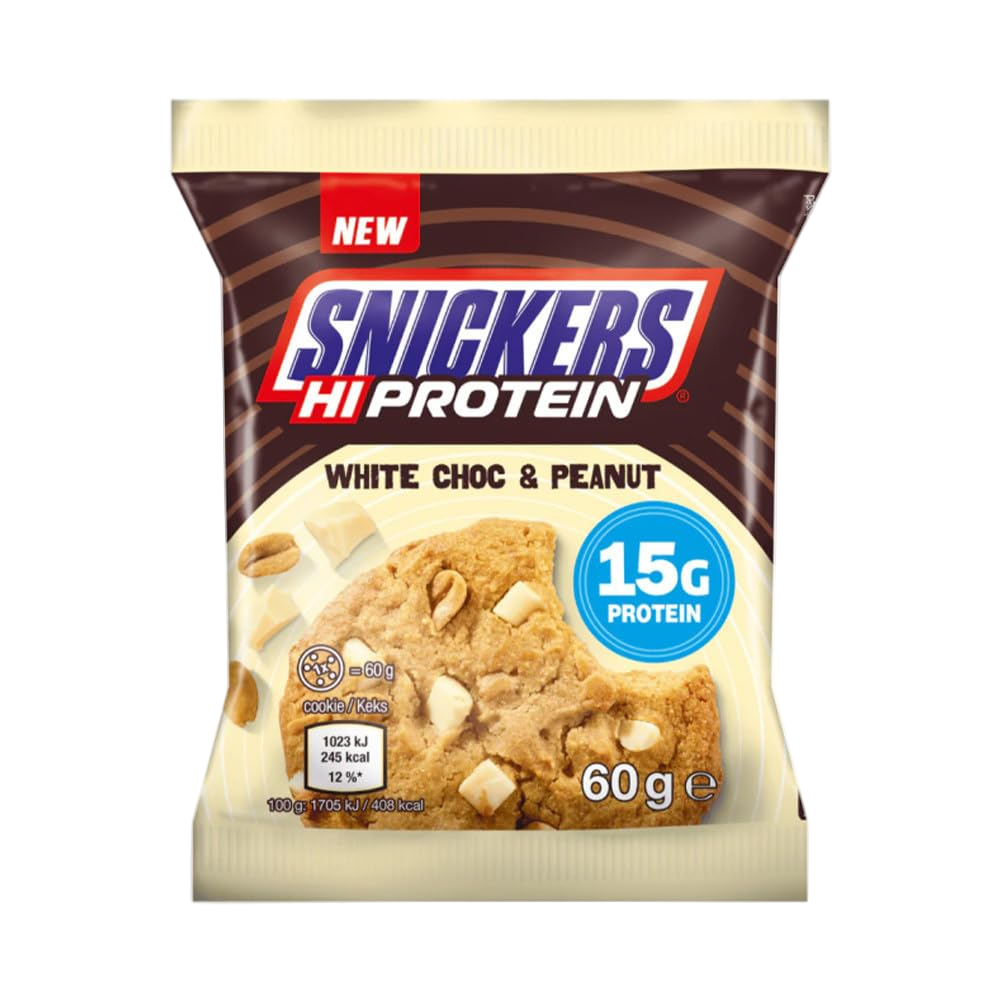 Snickers Hi Protein White Choc & Peanut package on a white background