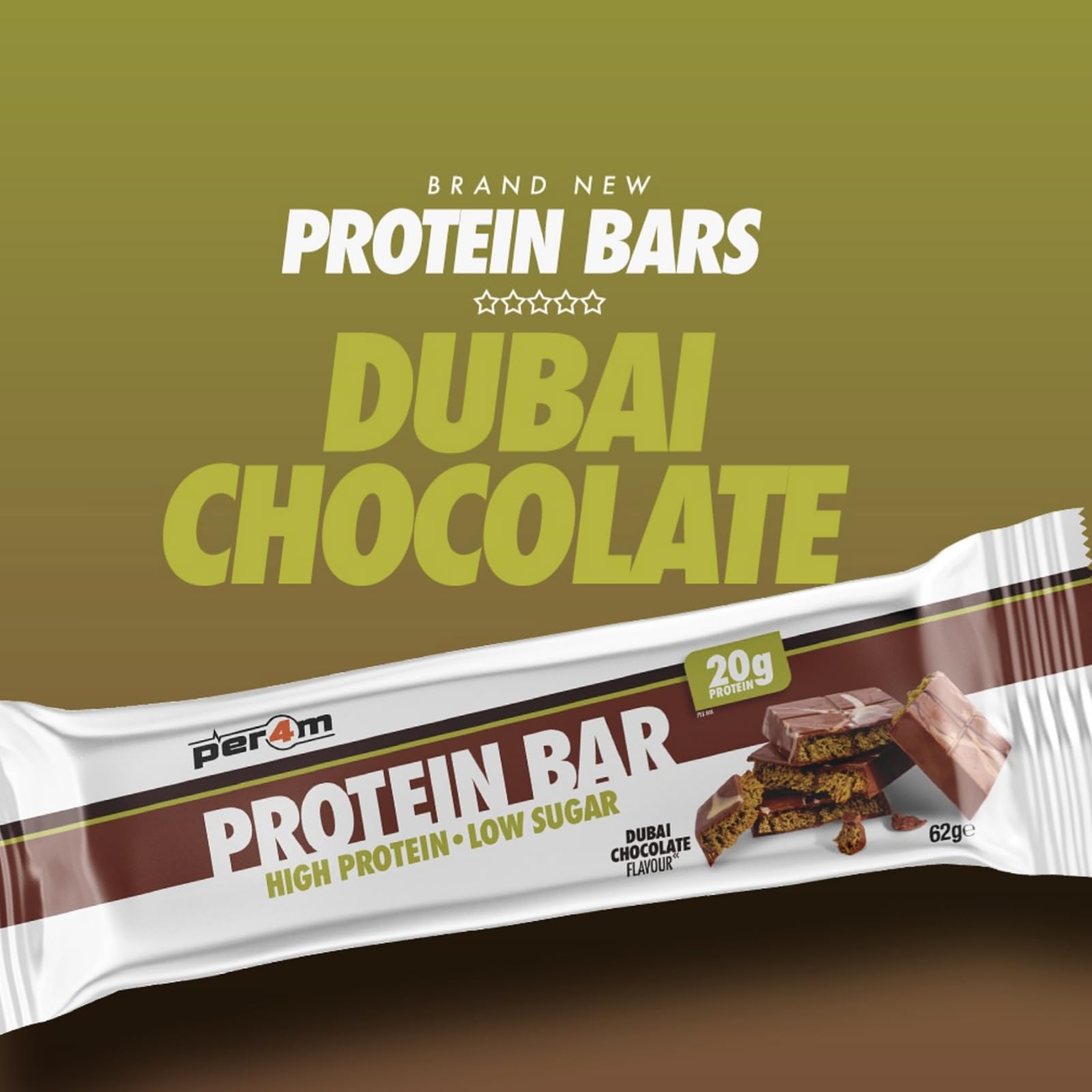 Per4m Protein Bar with Dubai chocolate flavor high in protein low in sugar