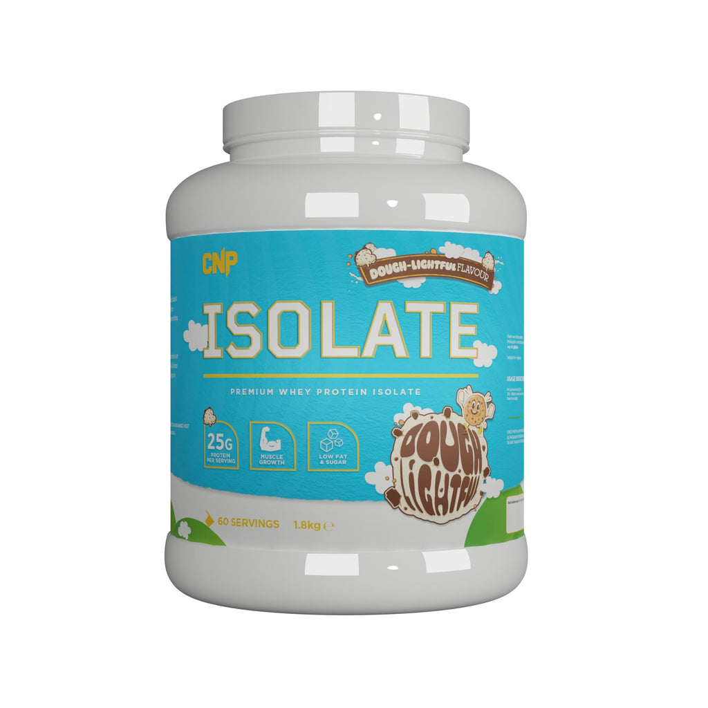 White CNP Isolate tub with light blue label, high-quality whey protein isolate