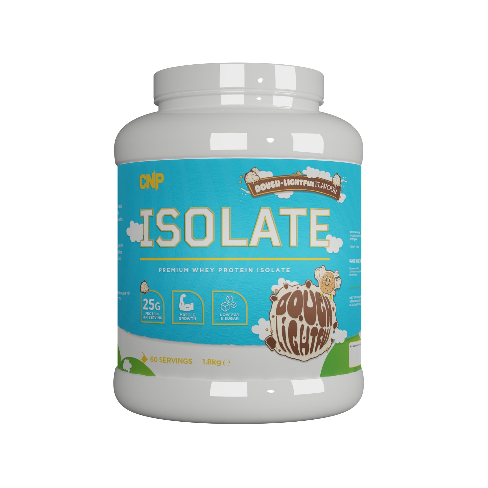 White CNP Isolate tub with light blue label, high-quality whey protein isolate