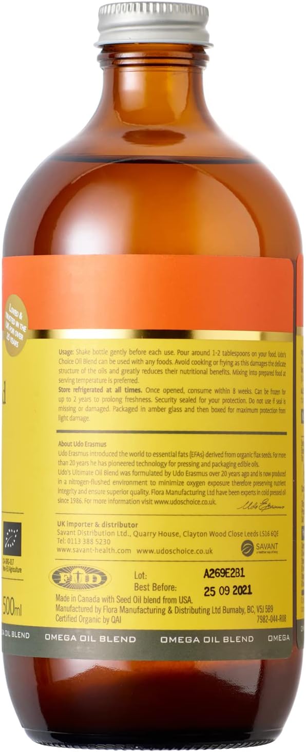 Brown glass bottle of Udo’s Choice Ultimate Oil Blend with essential fatty acids