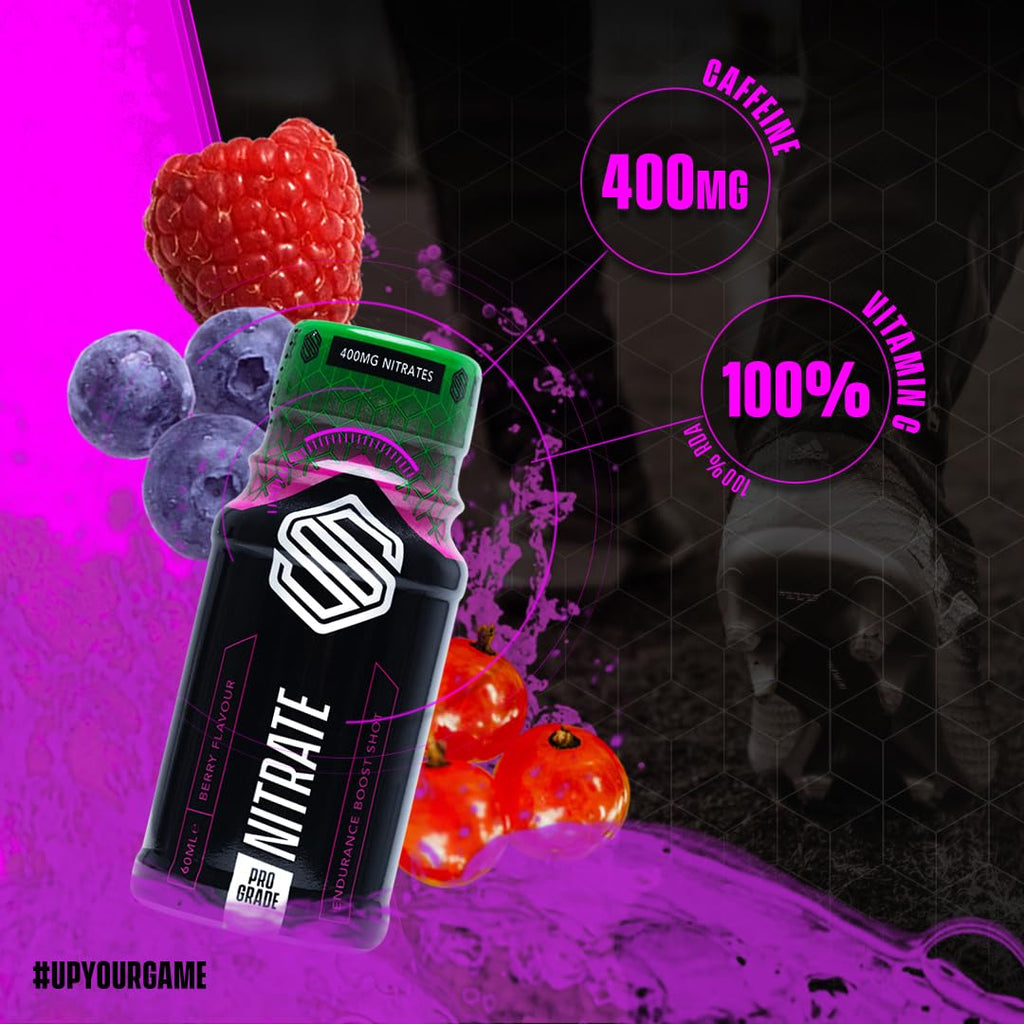Small Soccer Supplement Nitrate Shot bottle with berry flavor, boosts athletic performance