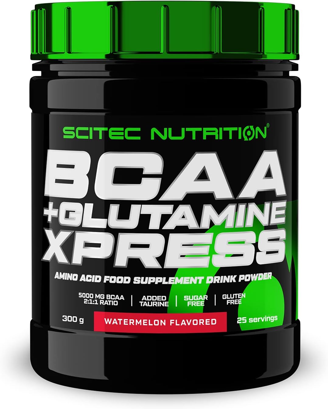 Black container of Scitec Nutrition BCAA + Glutamine Xpress with green lid, amino acids boost