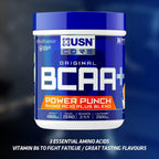 Blue and white USN BCAA Power Punch container for muscle growth and protein synthesis