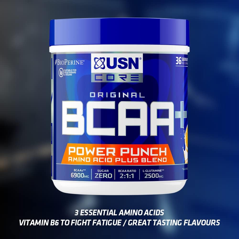 Blue and white USN BCAA Power Punch container for muscle growth and protein synthesis
