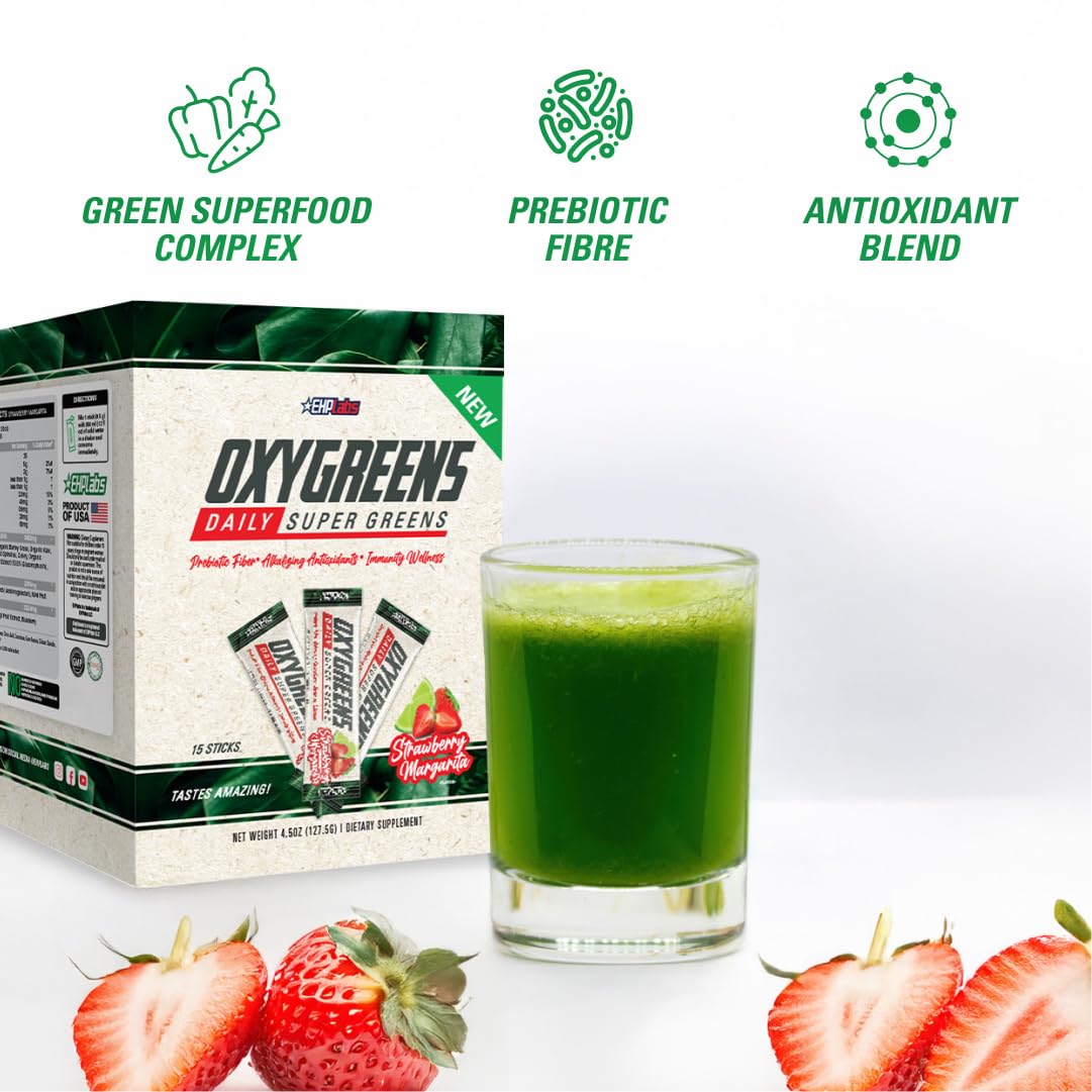 EHP Labs OxyGreens 15 Stick Pack 15x127.5g Strawberry Margarita - Spirulina