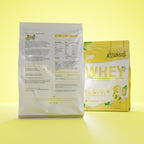 Two CNP Whey protein bags, one with nutrition info, the other showing Tropical Flavour branding