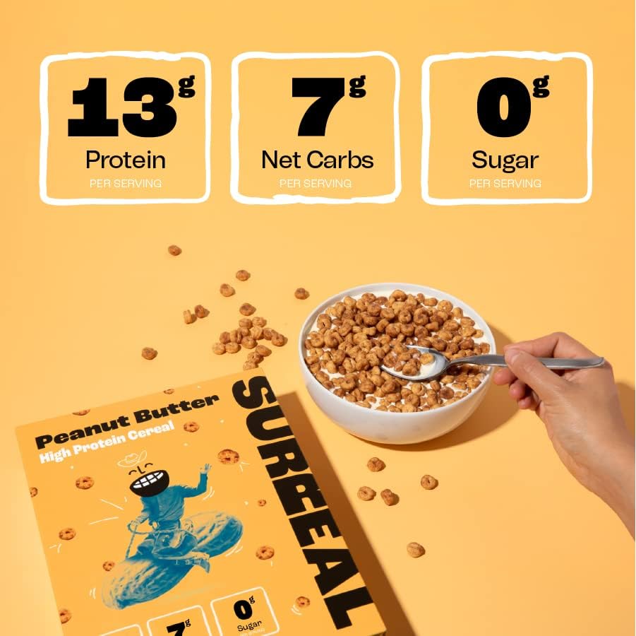SURREAL Protein Cereal with peanut butter, 13g protein, 7g net carbs, 0g sugar