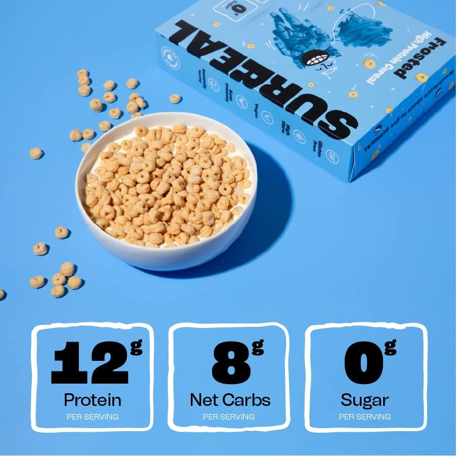 A bowl of Surreal Protein Cereal with high protein and low sugar content