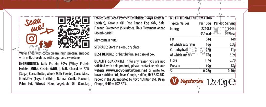 Nutritional info and ingredients for Novo Nutrition Novo Protein Wafer Bar protein wafer bar