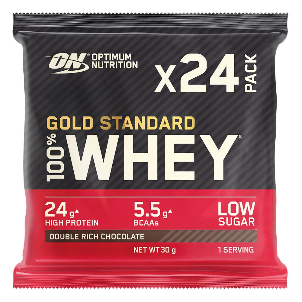Optimum Nutrition Gold Standard Whey Protein Sachet for fitness goals, 24-pack, Double Rich Chocolate