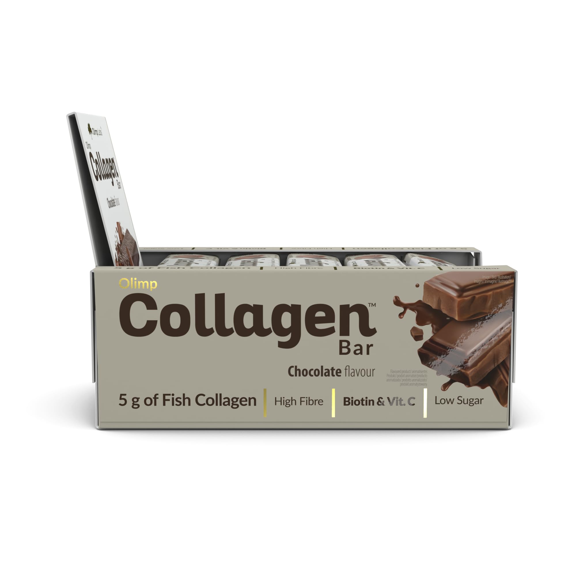 Chocolate-flavored collagen bar with fish collagen in Olimp Sport Nutrition display box