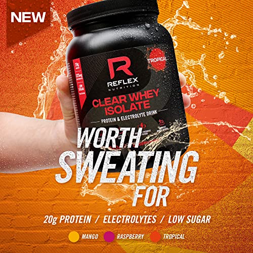Black Reflex Nutrition Clear Whey Isolate tub with Tropical flavor label for high quality clear whey