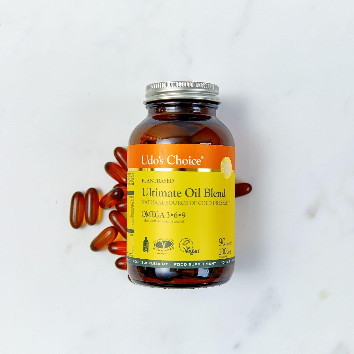 Udo’s Choice Ultimate Oil Blend Caps with plant-based omega 3-6-9 capsules