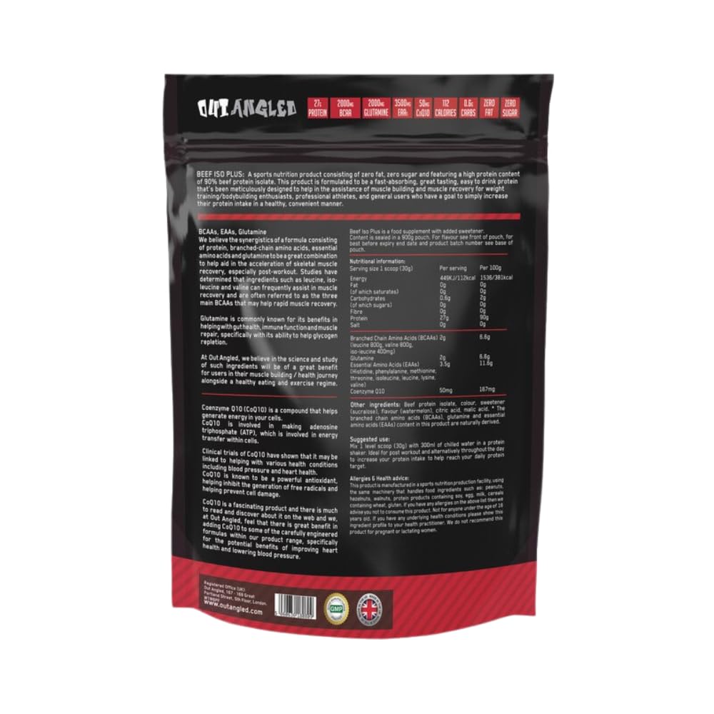 Outangled Beef Iso Plus protein powder pouch with nutrition info and benefits