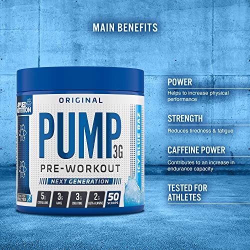 Blue tub of Applied Nutrition Pump 3G pre-workout supplement for energy and focus