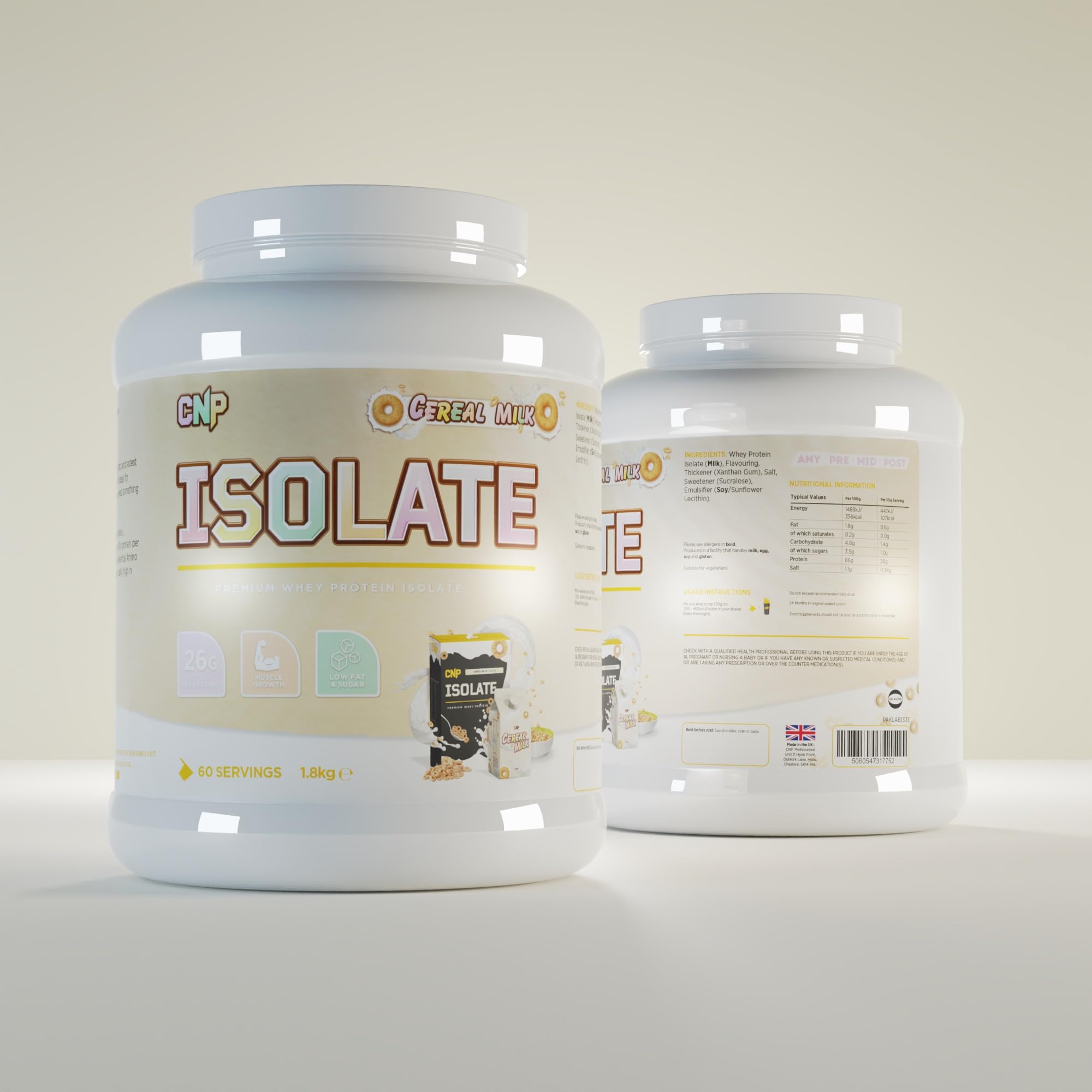 Two white tubs of CNP Isolate whey protein isolate with essential amino acids