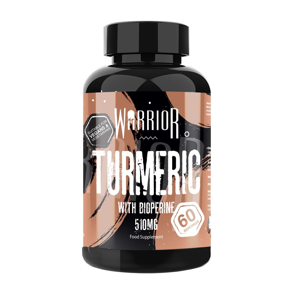 Black Warrior Core Turmeric & Bioperine supplement bottle with vegan, organic turmeric 500mg and 10mg bioperine