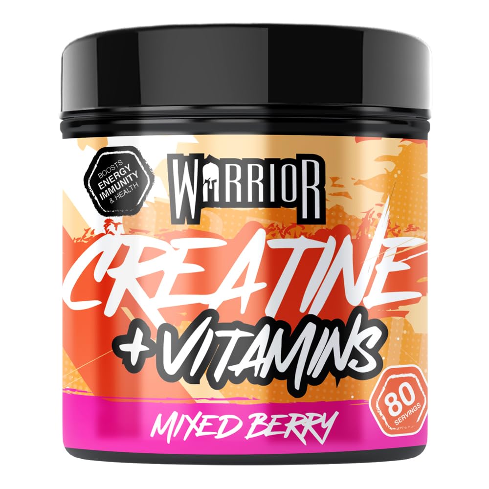 Warrior Creatine Plus Vitamins tub in mixed berry flavor with 80 servings at Guinness Road