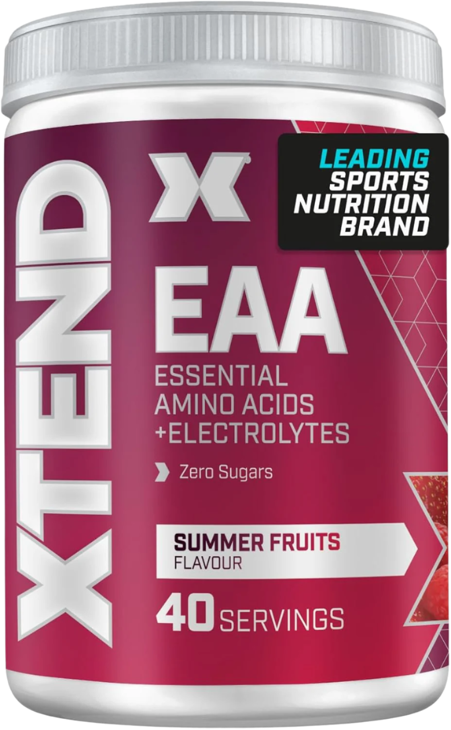 Pink and white XTEND EAA Summer Fruits flavored powder container for XTEND EAAs supplement
