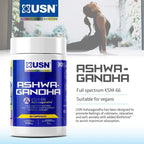 USN Ashwagandha bottle with KSM-66 root extract capsules for calm and relaxation